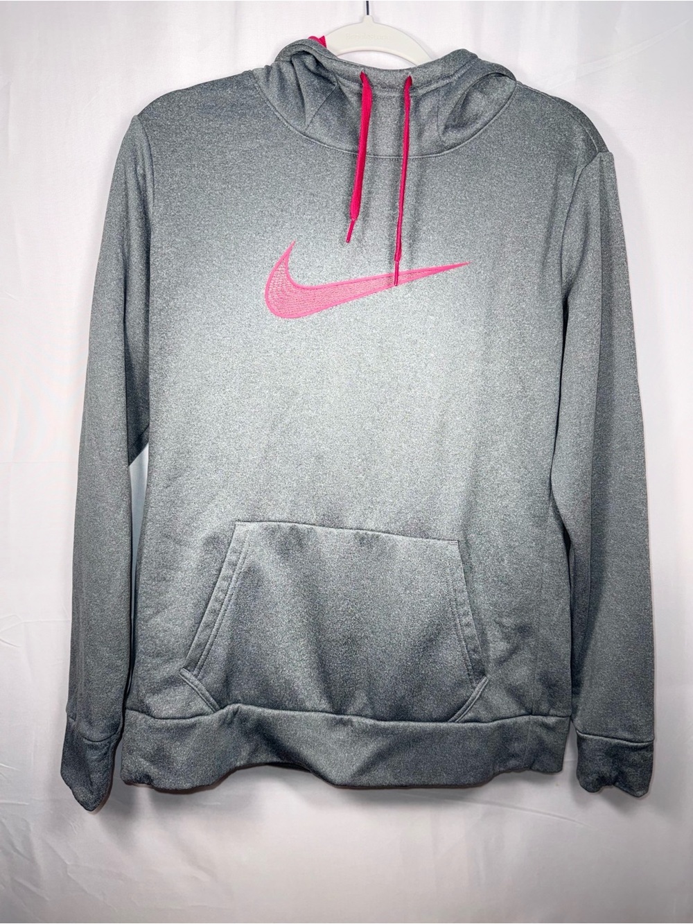 Nike Dri-Fit Women Gray Hooded Sweatshirt with Pink Logo Swoosh Size Medium